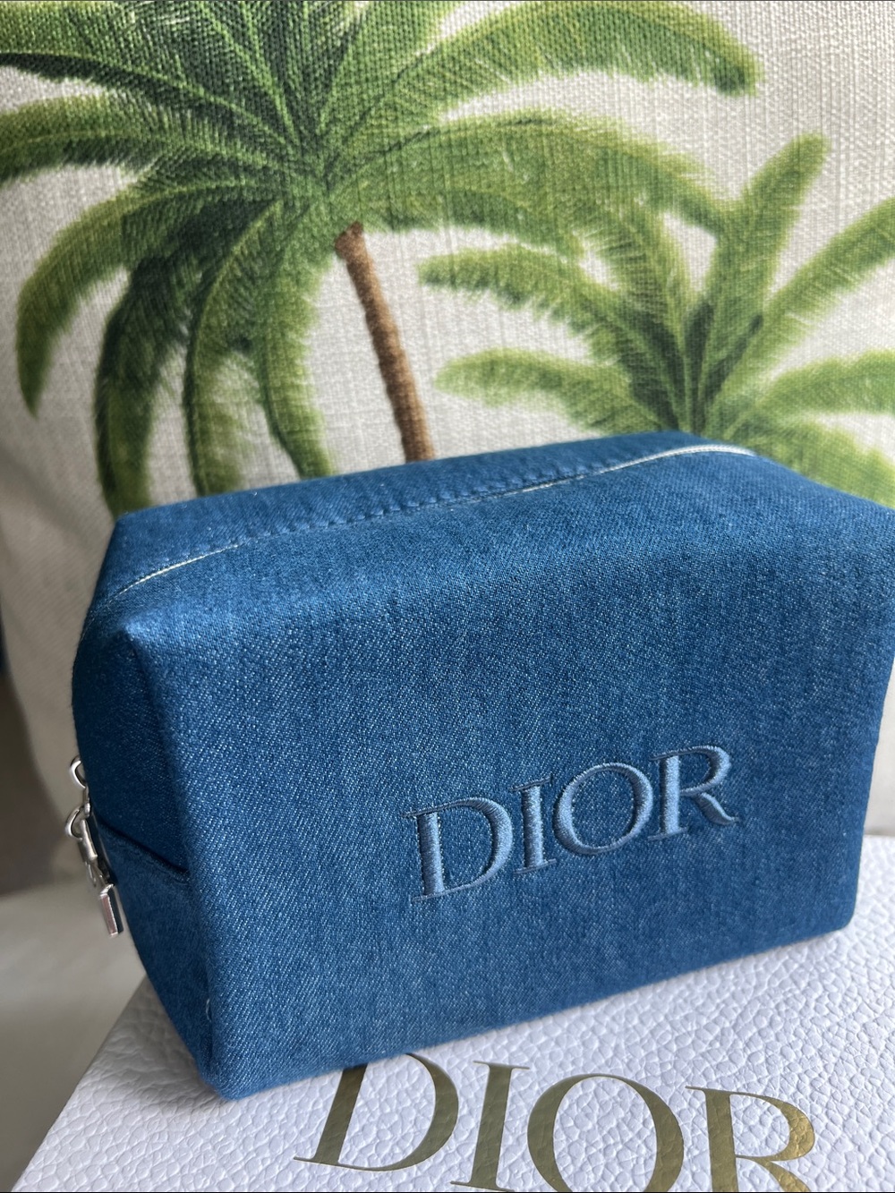 New Authentic Dior Denim Embroidered Toiletry Pouch - Blue